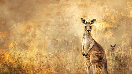 Alert Kangaroo Standing in Golden Grassland at Sunset