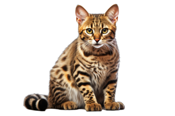 A cute Bengal cat is sitting and looking at the camera. The cat has a beautiful coat with brown spots and green eyes.