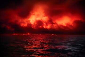 A powerful image of dark, burning clouds gathering above a rough, churning ocean exuding energy and turmoil