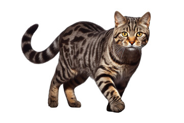 A shorthair brown tabby cat with yellow eyes is walking towards the camera with a curious look.