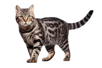 A shorthair silver tabby cat with green eyes stands alert with tail swishing.