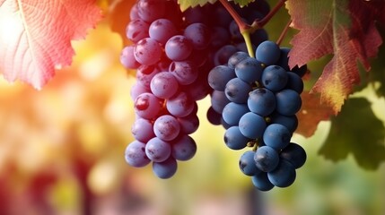 Fototapeta premium Close-up of a blue grape hanging in a vineyard