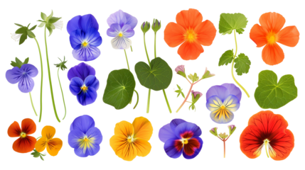 Set of edible flowers including nasturtium, viola, and borage, isolated on transparent background