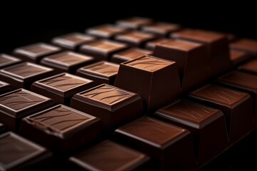 A lot of pieces dark chocolate. Background with tasty various pieces of milk and dark chocolate bars