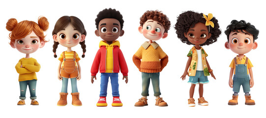 Cute Cartoon Realistic Happy Children Characters Set