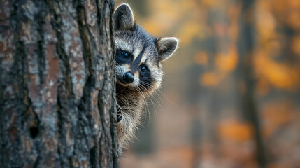 Curious Raccoon Peeking from Behind a Tree in a Verdant Forest
