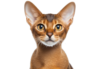 Abyssinian cat looking at the camera with a curious expression on its face.