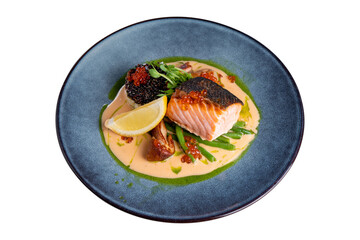 Salmon Fillet with Creamy Sauce, Quinoa and Vegetables on a Plate, White Background