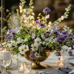 Obraz na płótnie Canvas The wedding table is adorned with a centerpiece consisting of a gold metal vase holding a bouquet of white daisies and purple Echinacea purpurea. square frame.