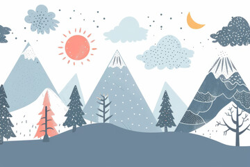 A flat illustration of a cute cartoon mountain landscape with clouds and sun. Abstract background for the design of children's wallpaper, artistic printing on the walls.