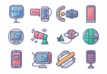 A set of icons representing communication and technology, such as mobile phones with text messages or video calls, speech bubbles for business hot lines