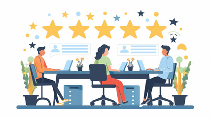 Detailed flat illustration, best customer service experience with agents receiving real-time excellent ratings, interactive and bright office environment, copy space