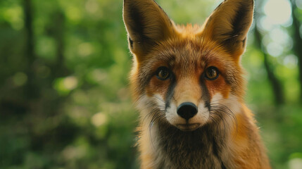 Intense Fox Staring Directly with Vivid Green Forest Background