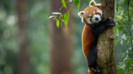 Playful Red Panda Climbing a Tree in a Lush Green Forest