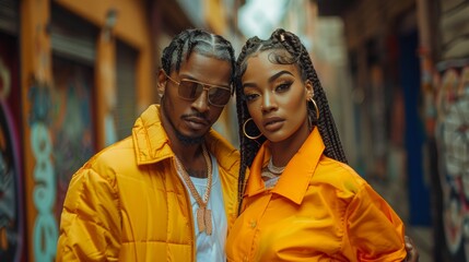 Stylish Afro-American Couple in Urban Fashion, Posing Confidently in Graffiti Alley