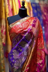 Naklejka premium A vibrant Indian saree draped elegantly over a mannequin, showcasing intricate embroidery and rich colors, Generative AI