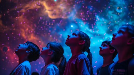 A planetarium dome showcasing a mesmerizing display of stars and galaxies, as a group of curious students gazes upward in wonderment, immersed in the mysteries of the universe and the wonders 