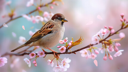 Delicate Sparrow Perched on Blossoming Branch in Spring with Sunlit Petals