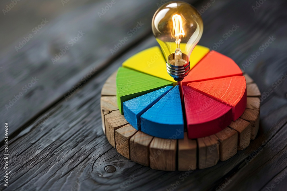 Poster a pie chart divided into parts to represent different aspects of innovation within a business concep