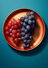 A top view of a red grape on a plate is isolated on a blue background.