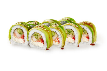 Green dragon rolls with tempura perch on white background