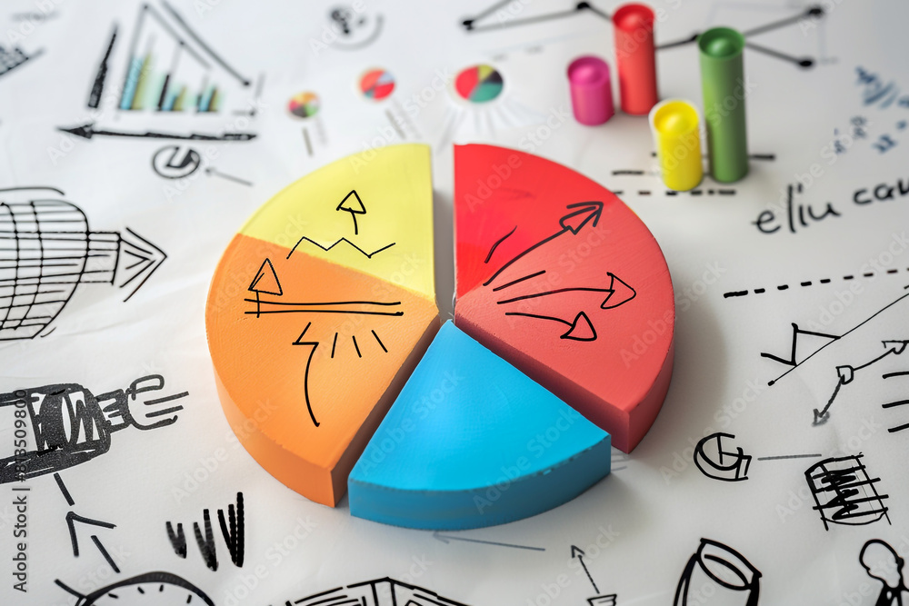 Poster a pie chart divided into parts to represent different aspects of innovation within a business concep