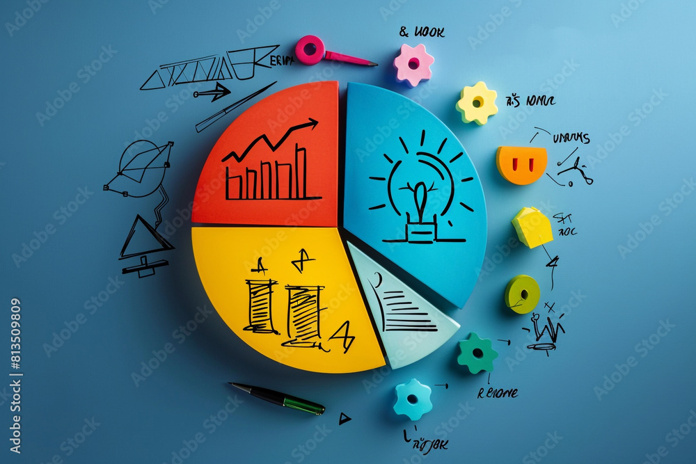 Poster a pie chart divided into parts to represent different aspects of innovation within a business concep