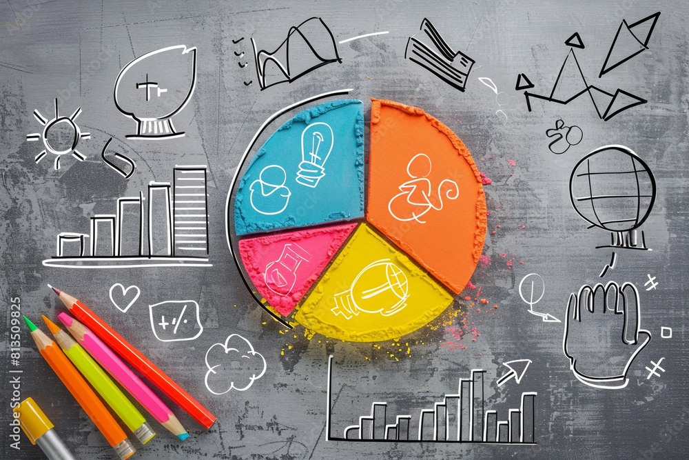Poster a pie chart divided into parts to represent different aspects of innovation within a business concep
