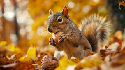 Curious Squirrel Eating an Acorn in a Colorful Autumn Forest