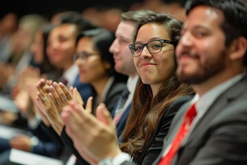 Closeup of the audience applauding enthusiastically at the conclusion of the speakers presentation