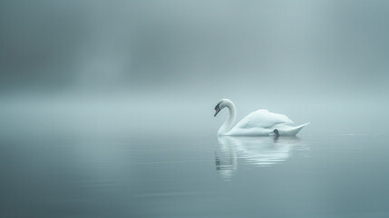 Serene Swan Gliding on Misty Water with Ethereal Morning Fog