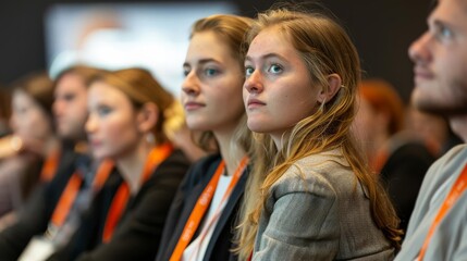 Obraz premium Capture the attentive expressions of the audience, showcasing their interest and engagement with the presentation