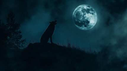Silhouette of a Wolf Howling on a Hill Under a Full Moon at Night