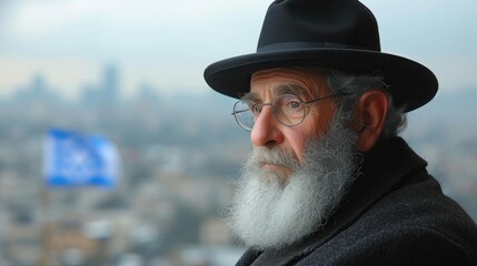 Portrait of a Jewish Man with Israel Flag in Background, Depicting Pride and Culture