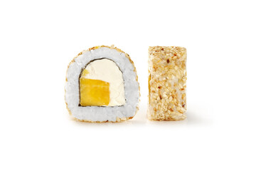 Closeup of sushi roll in sesame with cream cheese and mango