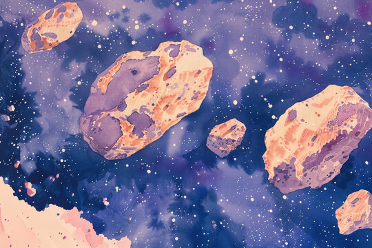 A painting depicting a cluster of rocks suspended in the vast emptiness of space, showcasing the beauty and mysteriousness of celestial bodies