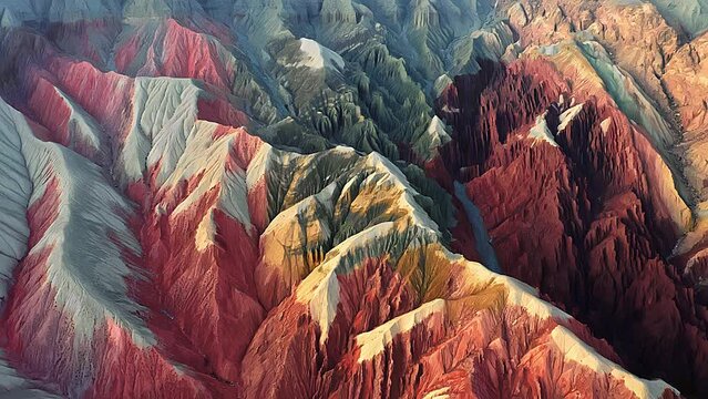 Aerial photo of Danxia landform in Aoytak Red Valley, Glacier Park, Kezhou, Xinjiang, China