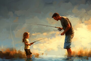 A painting depicting a father and daughter fishing together in a lake