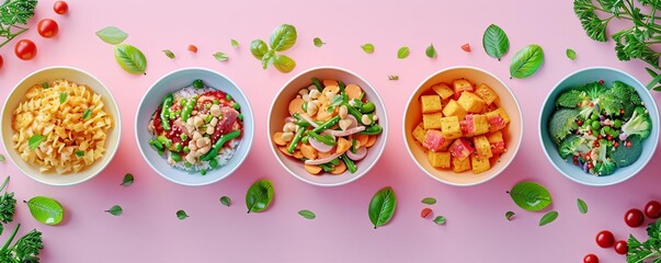 Various healthy food bowls with fresh vegetables and grains.