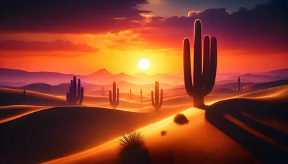 Acrylglasbilder Braun View of the sun setting down on the desert with cactus trees  © YelenSuperfs