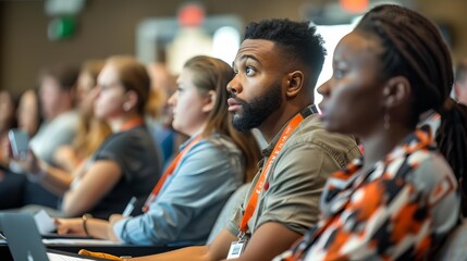 Obraz premium A closeup shot of captivated audience members taking notes on the speakers presentation