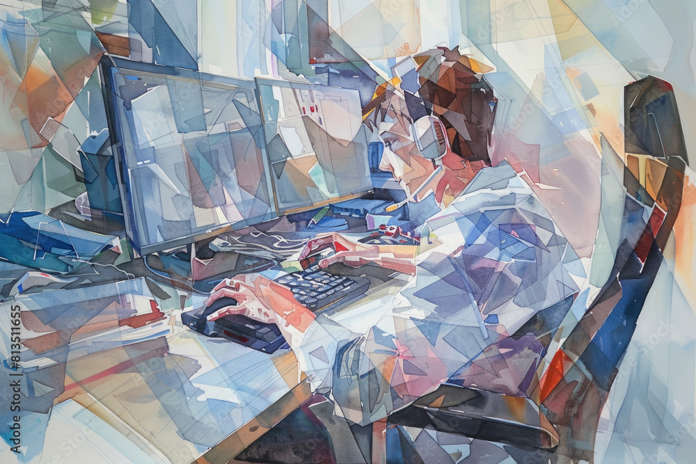 Poster a realistic painting of a man focused on a computer screen, typing on a keyboard