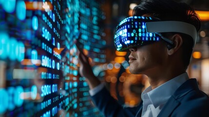 Young business leader viewing growth projections interwoven with binary code in virtual reality setting