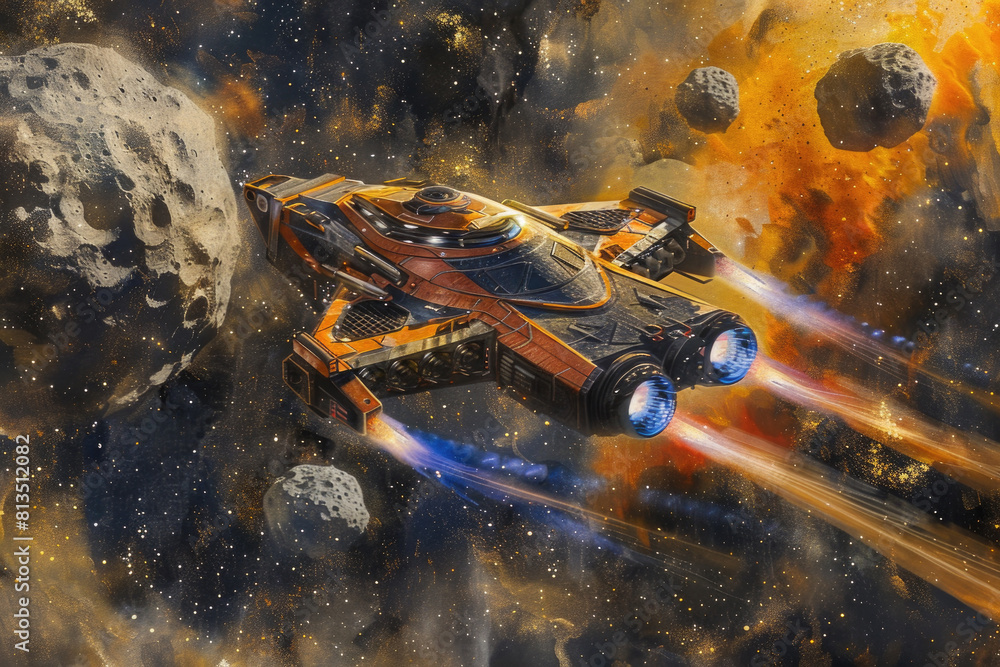 Poster an illustration showcasing a spaceship soaring through the vast emptiness of outer space