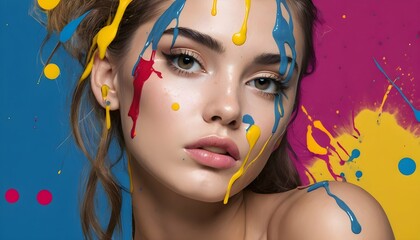 Craft an image of a pop art girl with paint splatt upscaled 3
