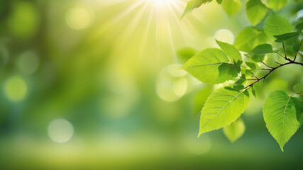 Nature green tree fresh leaf on beautiful blurred soft bokeh sunlight background with free copy space, spring summer or environment cover page, template, web banner and header. 