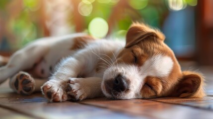 Cute dog sleeping on wooden table, closeup, Pet care concept.