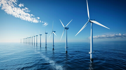 close up of white wind turbines on the sea, against blue sky