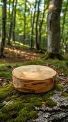 A piece of wood resting on top of a bed of moss on the ground, creating a natural and rustic scene