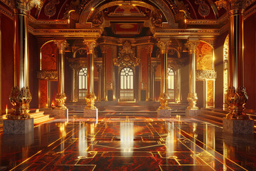 Obraz premium A realistic fantasy interior of the royal palace gold and red palace castle interior Fiction Backdrop 